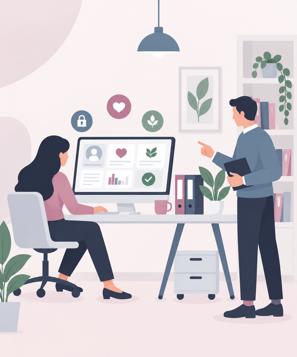 Two colleagues reviewing a wellbeing dashboard in a calm office
